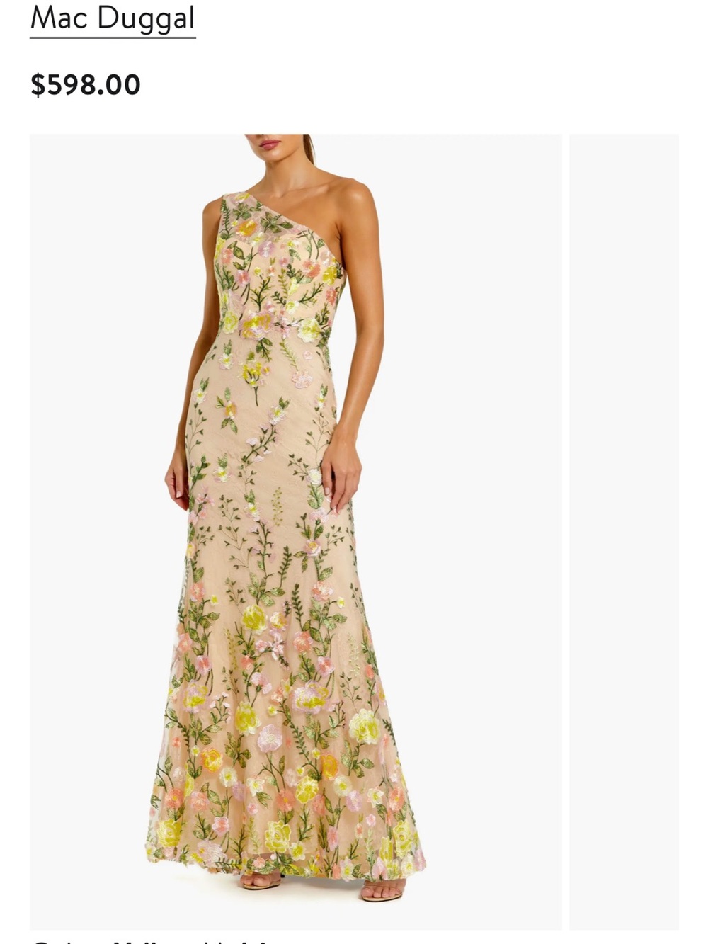 Mac Duggal One-Shoulder Floral Embroidered Gown in Blush, Pink & Yellow